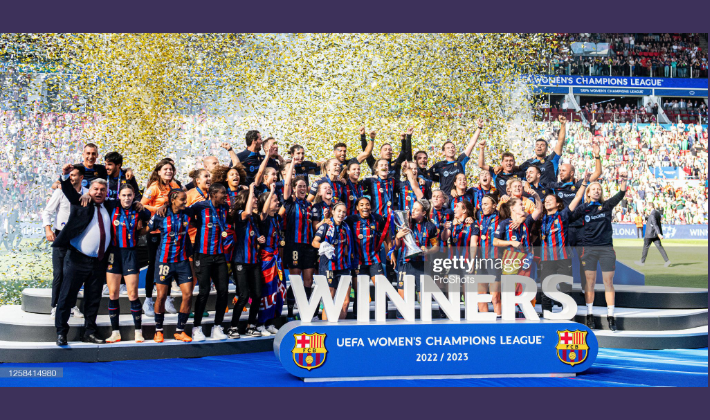 Barcelona Femení team celebrating their Champions League win.