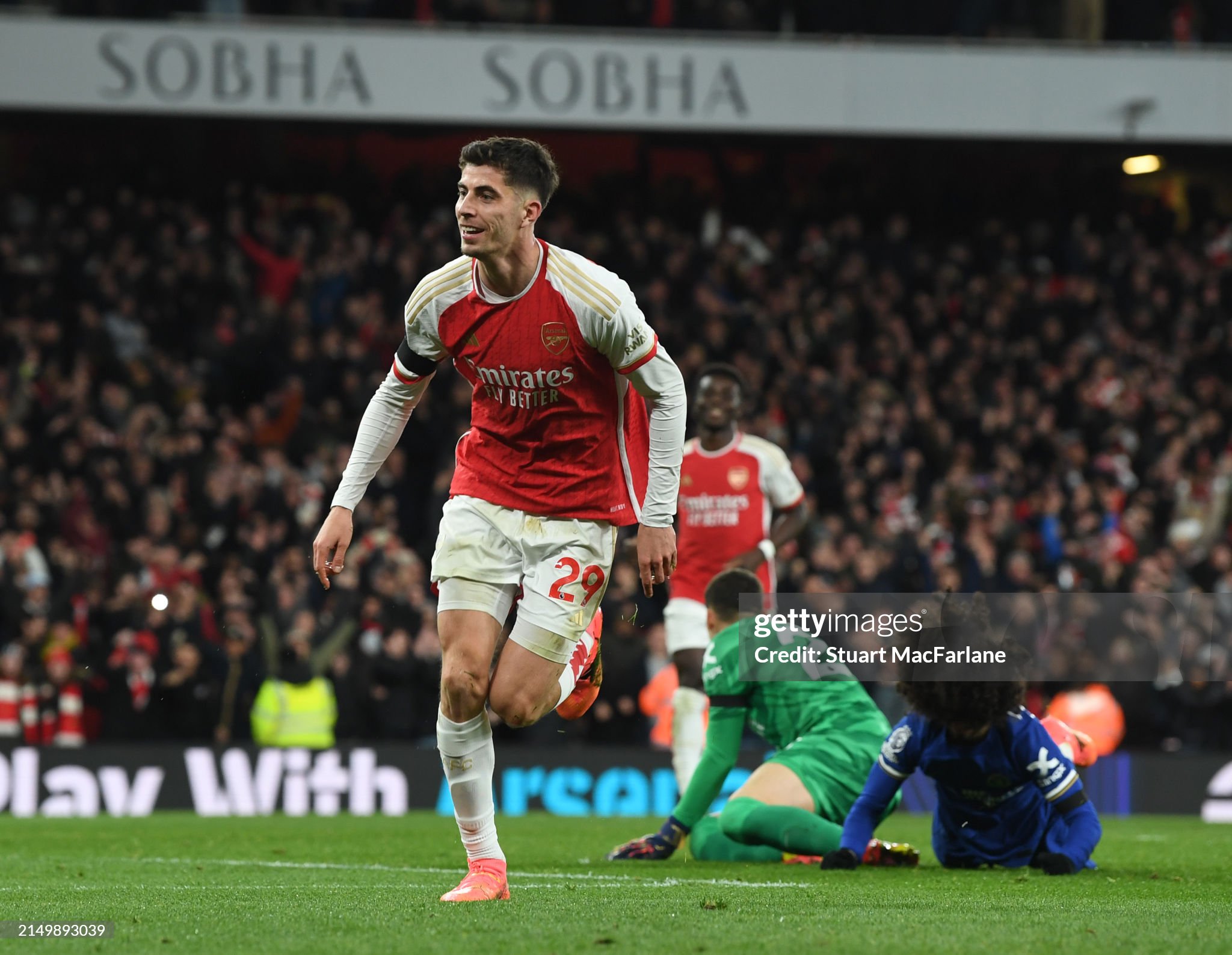 Kai Havertz celebrates scoring the 3rd Arsenal goal during the Premier League match between Arsenal FC and Chelsea FC at Emirates Stadium on April 23, 2024 in London, England.