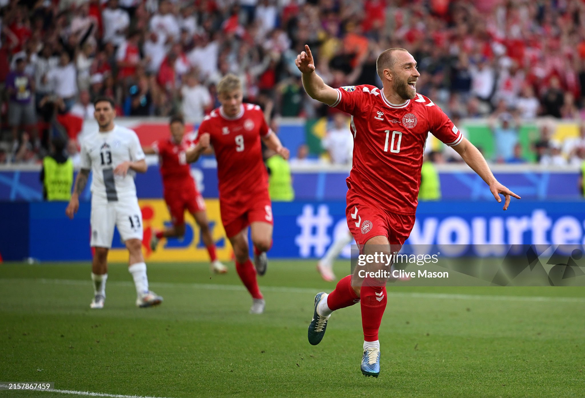 Christian Eriksen celebrating his goal for Denmark at Euro 2024.