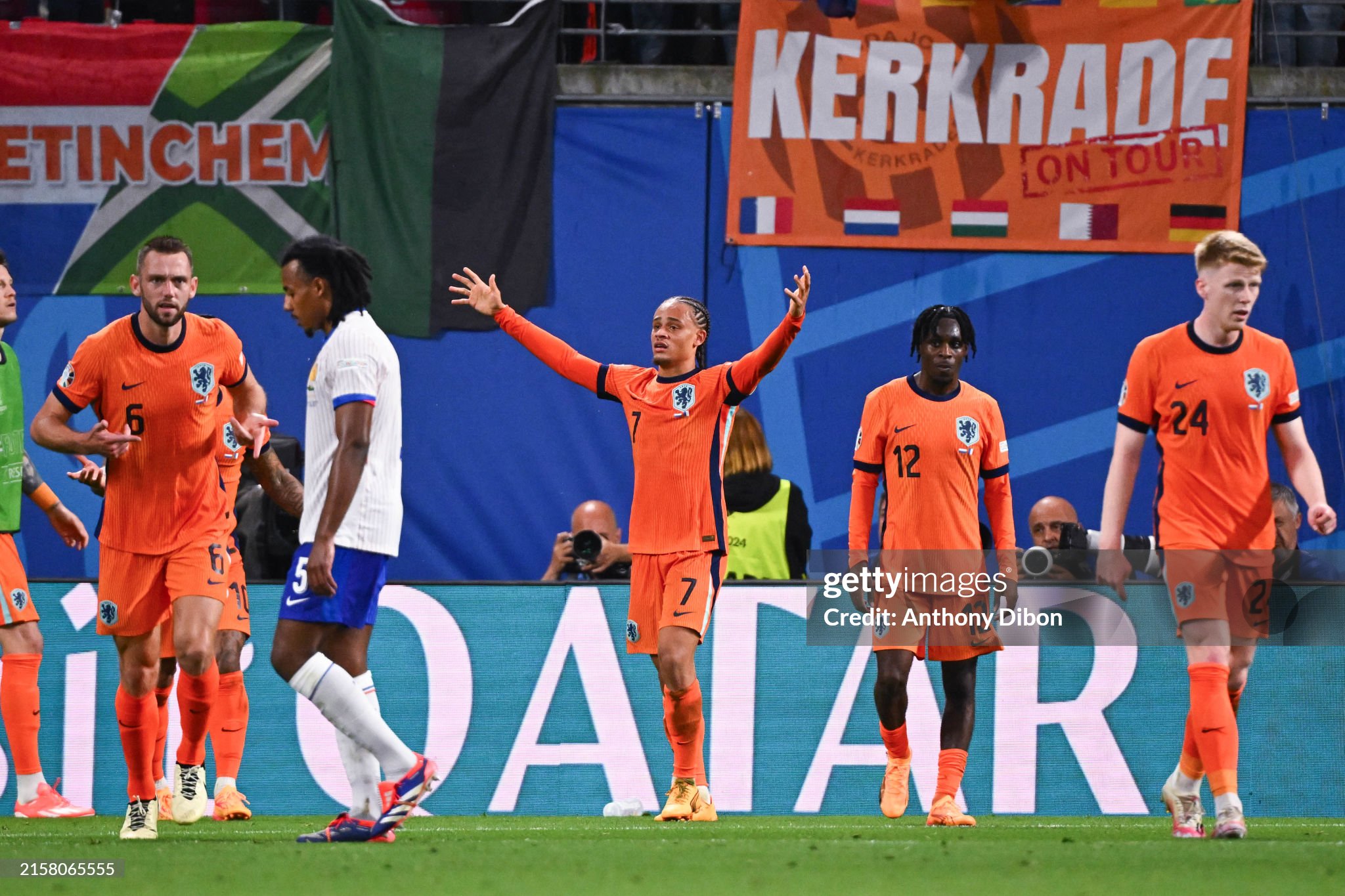 Xavi Simons reacts after his goal is disallowed during the Netherlands vs. France Euro 2024 match due to VAR ruling.