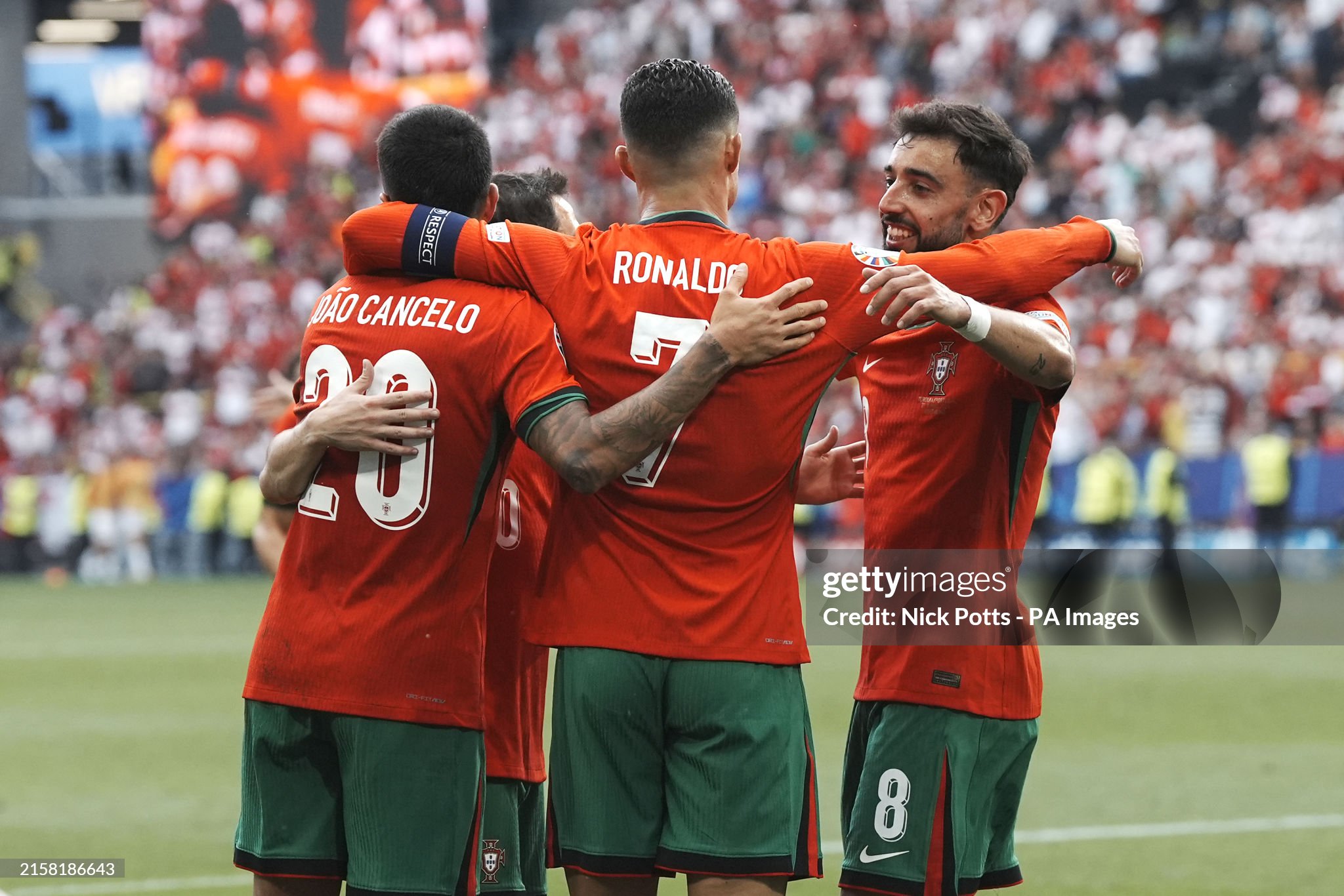 Cristiano Ronaldo celebrating with teammates during Euro 2024 match against Turkey.