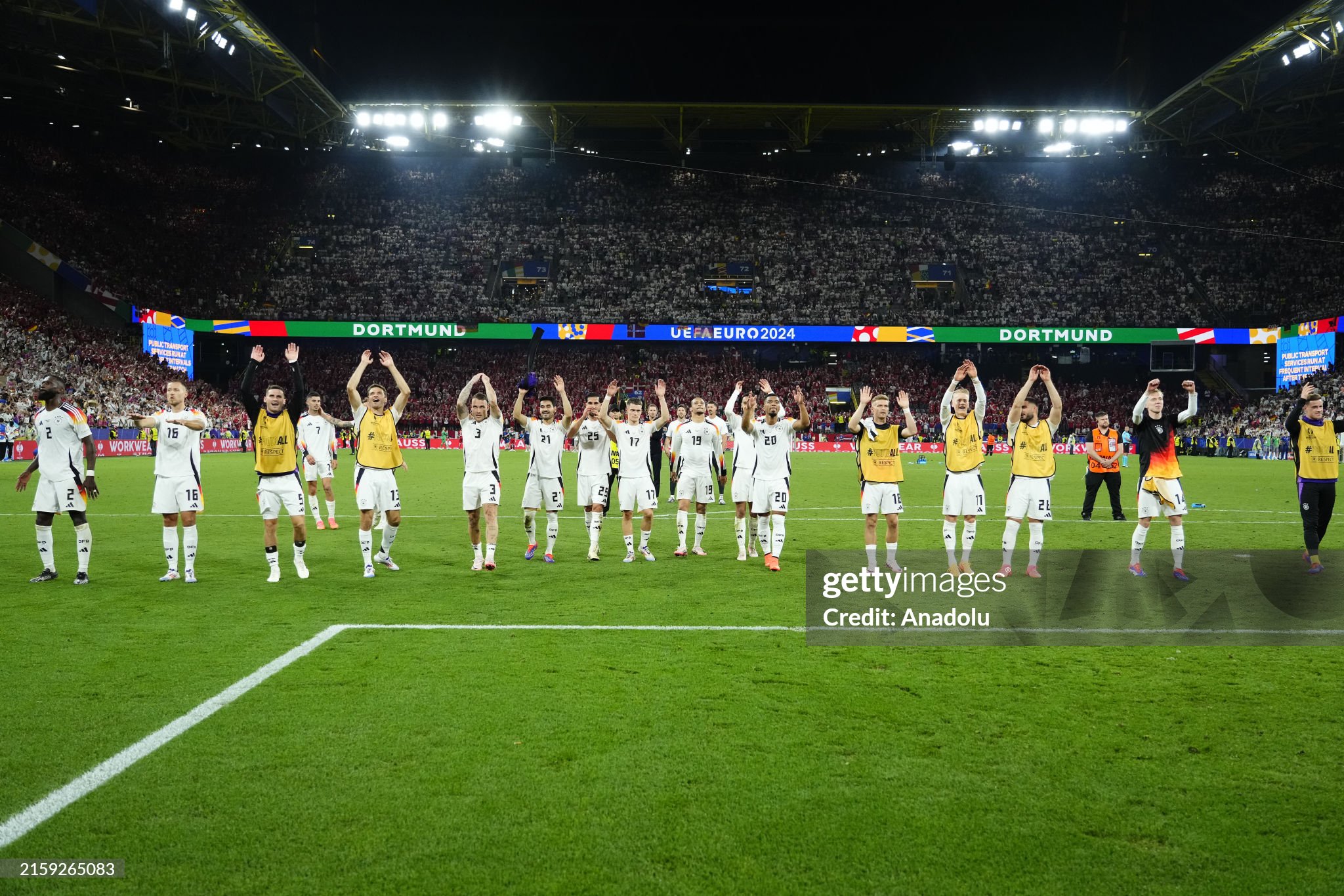 Germany's football team celebrates a goal during their Euro 2024 quarter-finals match against Denmark.