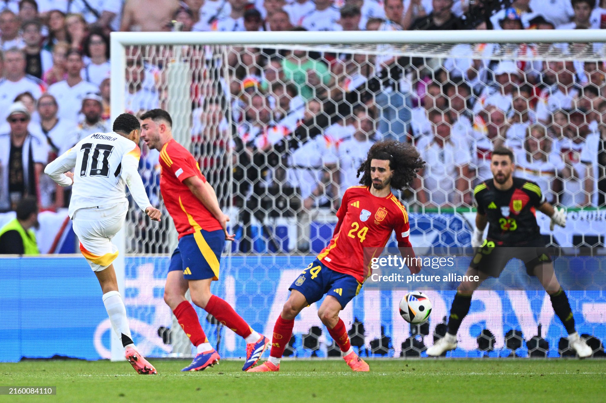 Musiala’s strike hits Cucurella’s hand during the Spain vs Germany Euro 2024 Quarter-final.