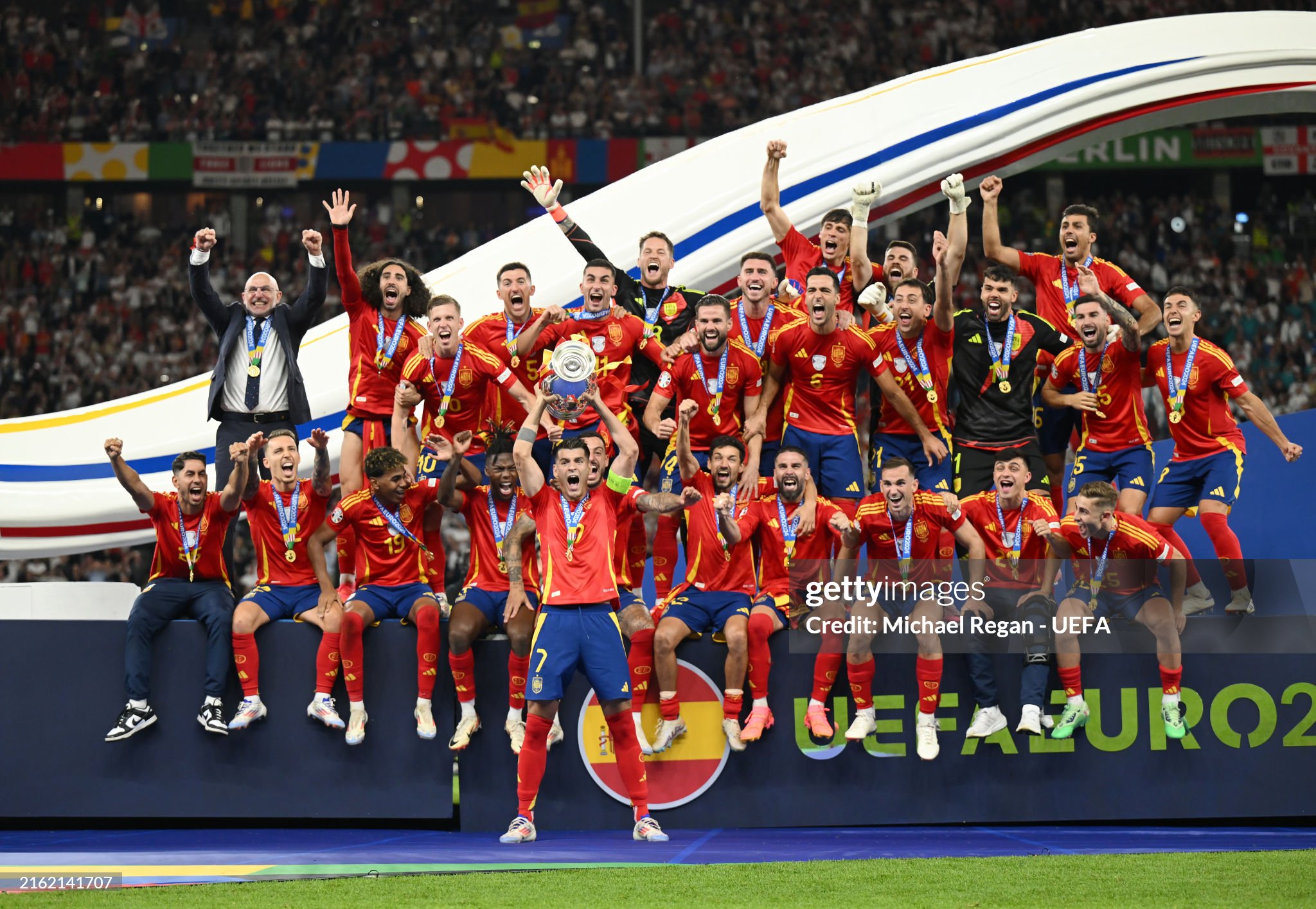 Alt Text: Mikel Oyarzabal celebrates after scoring the winning goal for Spain in the Euro 2024 final against England.