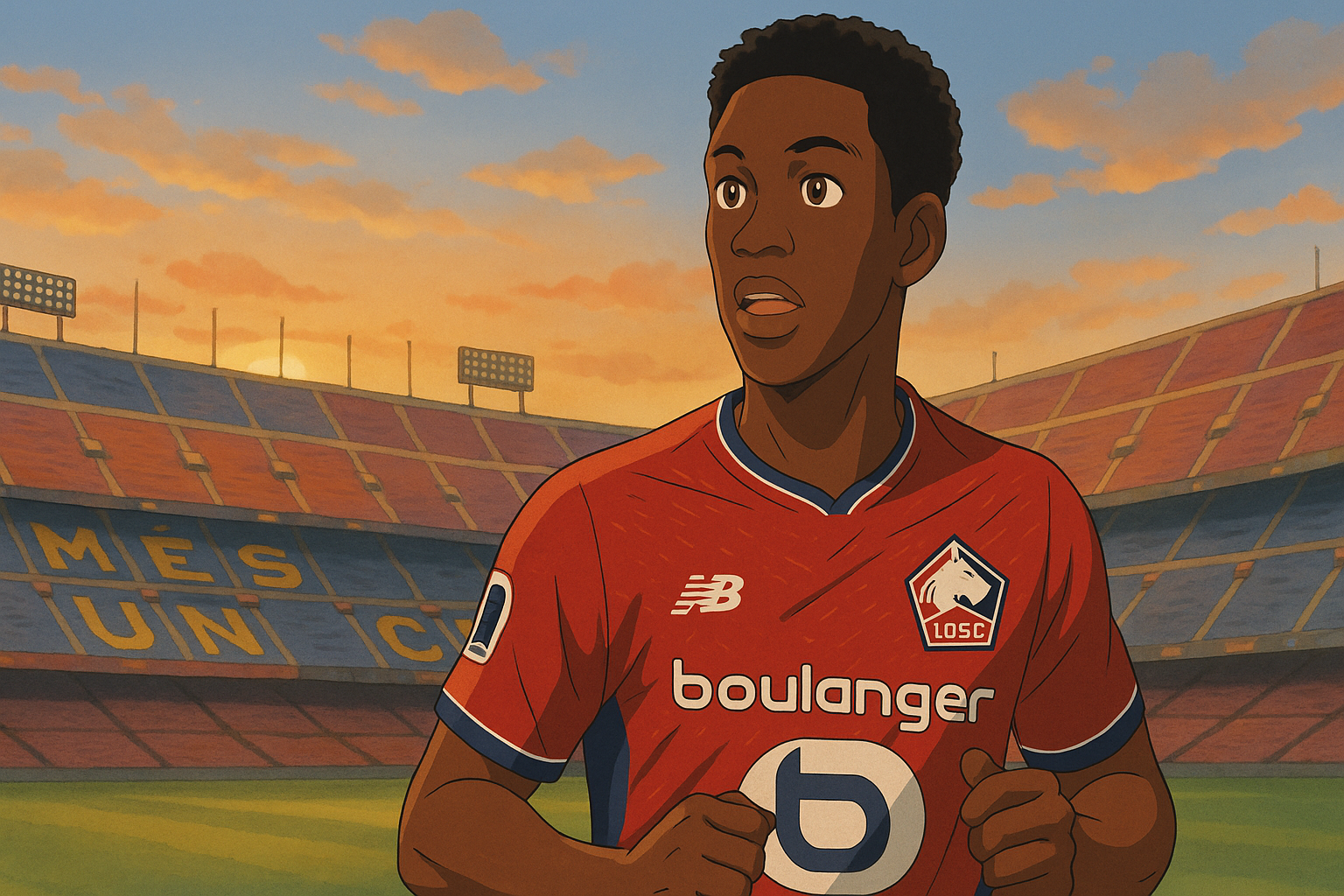 Ghibli-style illustration of a young football striker in a Barcelona kit standing in front of Camp Nou at sunset