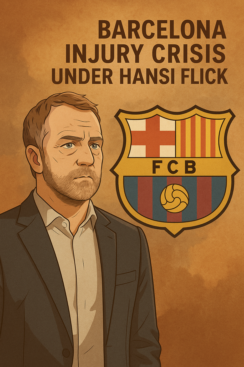 Hansi Flick beside the FC Barcelona crest, showing concern amid the team’s injury crisis.